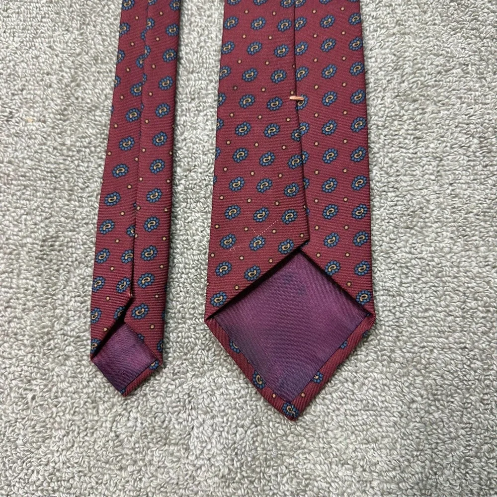 Mens Burgundy Paisley Silk Necktie Blue Gold Dot Pattern Classic Formal Tie